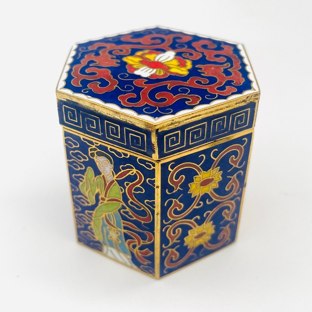 Peking Jewelry Cloisonne Enamel 7-Piece Puzzle Trinket Box Set Blue Floral - Picture 8 of 17